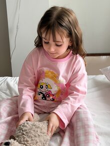 THE POWERPUFF GIRLS X DAZY Young Girl Cartoon Print Long Sleeve Top And Pants Casual Daily Home Pajama Set Fall - Baby Pink - View 1