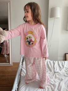 THE POWERPUFF GIRLS X DAZY Young Girl Cartoon Print Long Sleeve Top And Pants Casual Daily Home Pajama Set Fall - Baby Pink - View 2