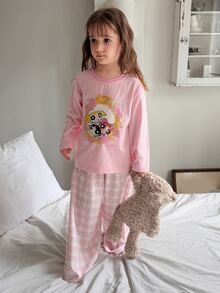 THE POWERPUFF GIRLS X DAZY Young Girl Cartoon Print Long Sleeve Top And Pants Casual Daily Home Pajama Set Fall - Baby Pink - View 3