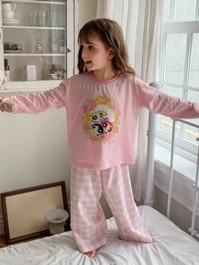 THE POWERPUFF GIRLS X DAZY Young Girl Cartoon Print Long Sleeve Top And Pants Casual Daily Home Pajama Set Fall - Baby Pink - View 7