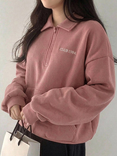 Dazy Plus Plus Size Thermal Lined Thick Letter Embroidery POLO Collar Loose Long Sleeve Zip-Up Casual Streetwear Autumn/Winter Sweatshirt