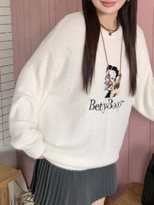 Betty Boop x DAZY Curve Cartoon Pattern Jacquard Loose Thick Pullover Sweater, New Autumn/Winter - Apricot - View 3
