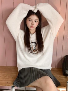 Betty Boop x DAZY Curve Cartoon Pattern Jacquard Loose Thick Pullover Sweater, New Autumn/Winter - Apricot - View 10