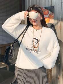 Betty Boop x DAZY Curve Cartoon Pattern Jacquard Loose Thick Pullover Sweater, New Autumn/Winter - Apricot - View 4