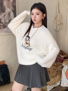 Betty Boop x DAZY Curve Cartoon Pattern Jacquard Loose Thick Pullover Sweater, New Autumn/Winter - Apricot - View 9
