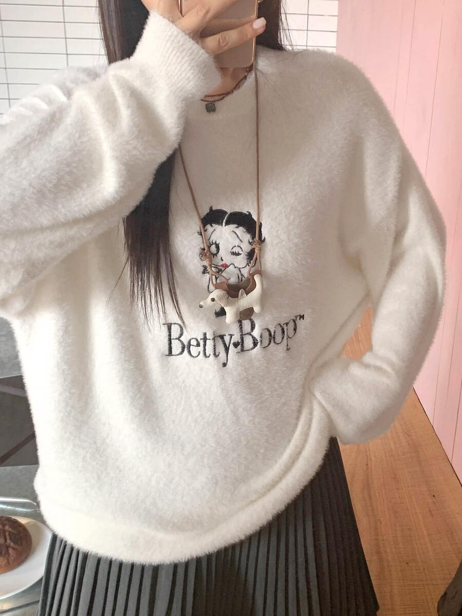 Betty Boop x DAZY Curve Cartoon Pattern Jacquard Loose Thick Pullover Sweater, New Autumn/Winter - Apricot - View 1