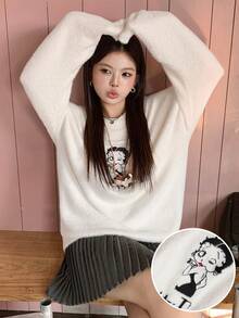 Betty Boop x DAZY Curve Cartoon Pattern Jacquard Loose Thick Pullover Sweater, New Autumn/Winter - Apricot - View 5