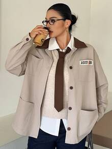 Betty Boop x DAZY Curve Cartoon Print Colorblock Patchwork Loose Casual Blogger Style Spring Autumn Jacket - Khaki - View 7