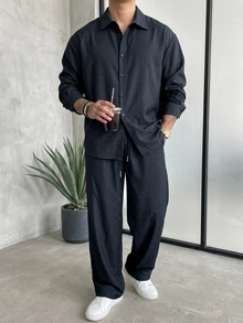 DAZY 春秋款男士長袖海軍藍襯衫搭配鬆緊腰長褲套裝 - 藏蓝色 - 查看 6