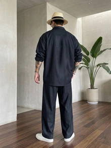 DAZY 春秋款男士長袖海軍藍襯衫搭配鬆緊腰長褲套裝 - 藏蓝色 - 查看 2