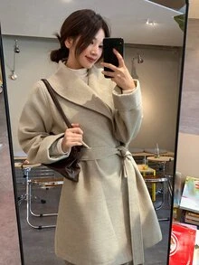 DAZY Jaket Wanita Elegan Musim Gugur/Dingin dengan Sabuk - Aprikot - View 7