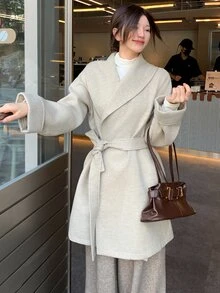 DAZY Jaket Wanita Elegan Musim Gugur/Dingin dengan Sabuk - Aprikot - View 3