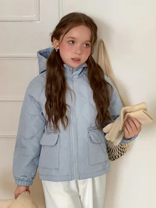 DAZY Girls' Big Tween Girl' Loose Blue Quilted Cotton Padded Coat, New Autumn/Winter Style - Baby Blue - View 4