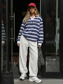Livesso Women's Striped Letter Print Top And Pants Casual Daily Loungewear Set Fall - Navy Blue - View 4