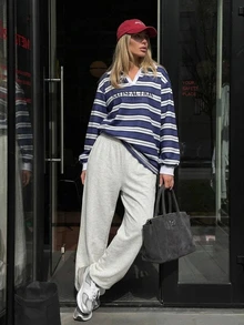 Livesso Women's Striped Letter Print Top And Pants Casual Daily Loungewear Set Fall - Navy Blue - View 5