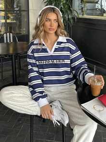 Livesso Women's Striped Letter Print Top And Pants Casual Daily Loungewear Set Fall - Navy Blue - View 3