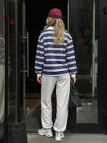 Livesso Women's Striped Letter Print Top And Pants Casual Daily Loungewear Set Fall - Navy Blue - View 2
