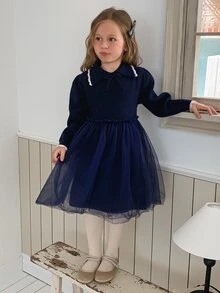 Dazy Kids Girls' Turn Collar Knit Dress With Mesh Patchwork A-Line Waist, Cute Autumn/Winter Sweater Dress - Navy Blue - View 3