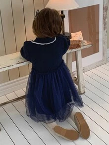 Dazy Kids Girls' Turn Collar Knit Dress With Mesh Patchwork A-Line Waist, Cute Autumn/Winter Sweater Dress - Navy Blue - View 6