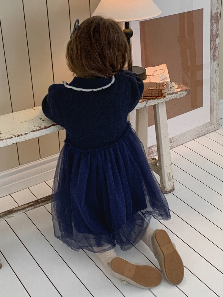 Dazy Kids فستان صوف محبوك بياقة مطوية للبنات مع رقعات شبكية وخصر على شكل حرف A، فستان صوف لطيف للخريف/الشتاء - أزرق بحري - مشاهدة 6