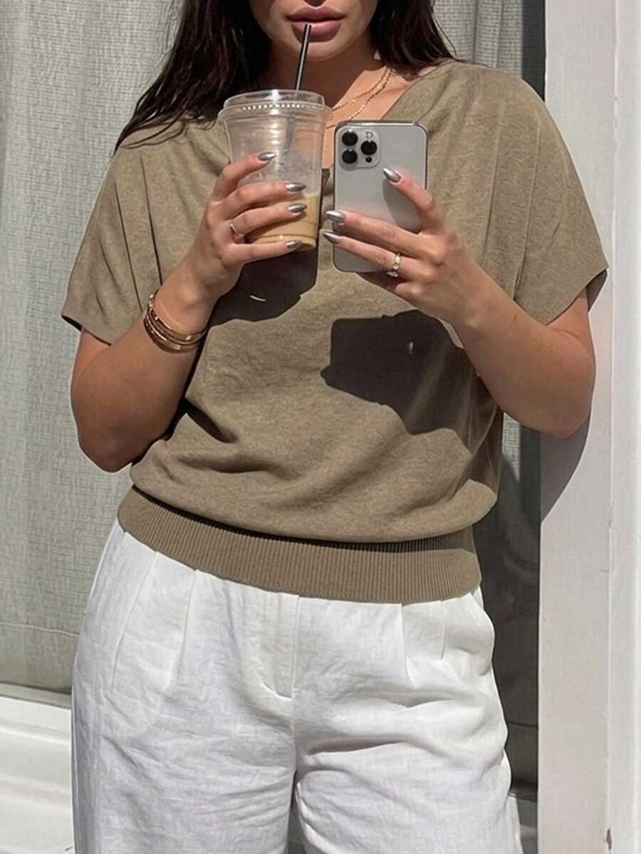 Dazy Plus Spring/Autumn New Cowl Neck Short Sleeve Cinched Waist Urban Casual Elegant Pullover Knit Top - Khaki - View 1