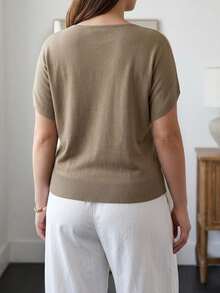 Dazy Plus Spring/Autumn New Cowl Neck Short Sleeve Cinched Waist Urban Casual Elegant Pullover Knit Top - Khaki - View 2