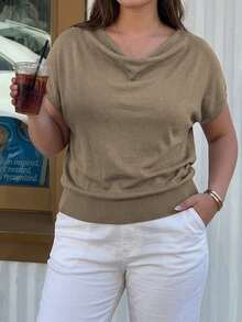 Dazy Plus Spring/Autumn New Cowl Neck Short Sleeve Cinched Waist Urban Casual Elegant Pullover Knit Top - Khaki - View 5