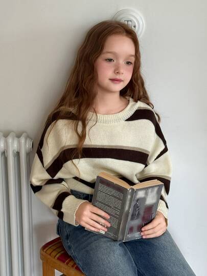 Hapijoa Girls (Big) Round Neck Pullover Loose Striped Colorblock Casual Autumn/Winter Inner Layer Basic Sweater