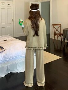 DAZY Women's Round Neck Ruffle Cuff Top And Long Pants Pajama Set Fall - Green - View 2