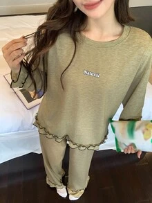 DAZY Women's Round Neck Ruffle Cuff Top And Long Pants Pajama Set Fall - Green - View 8