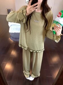 DAZY Women's Round Neck Ruffle Cuff Top And Long Pants Pajama Set Fall - Green - View 1