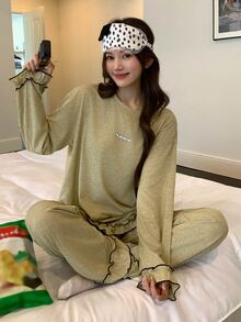 DAZY Women's Round Neck Ruffle Cuff Top And Long Pants Pajama Set Fall - Green - View 4