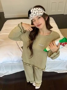 DAZY Women's Round Neck Ruffle Cuff Top And Long Pants Pajama Set Fall - Green - View 5