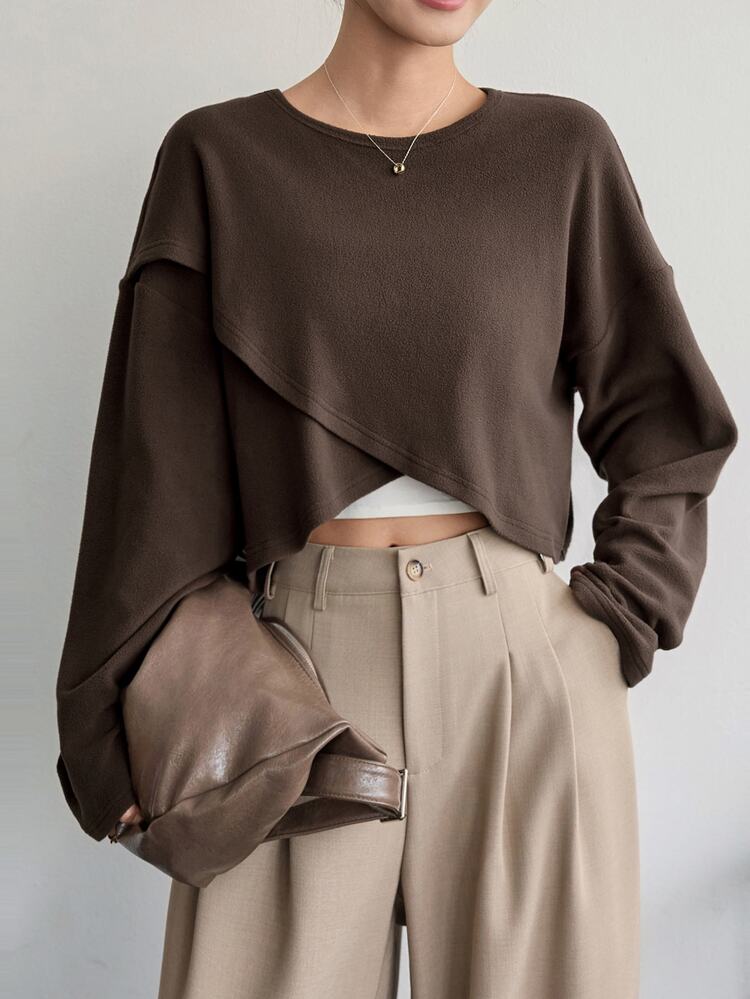 Dazy-Less Women's Solid Color Round Neck Casual Versatile Daily Wear T-Shirt Fall - Coffee Brown - View 6