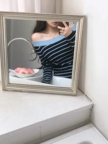 DAZY Women's Asymmetric Shoulder Striped Long Sleeve Sweater Fall - Blue - View 5