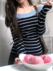 DAZY Women's Asymmetric Shoulder Striped Long Sleeve Sweater Fall - Blue - View 3