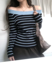 DAZY Women's Asymmetric Shoulder Striped Long Sleeve Sweater Fall - Blue - View 2