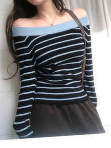 DAZY Women's Asymmetric Shoulder Striped Long Sleeve Sweater Fall - Blue - View 6