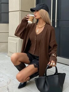 DAZY Autumn V-Neck Long Sleeve Drop Shoulder Loose Cardigan & Fitted Tank Top Brown Lazy Casual Style Women's Sweater 2 Pieces Set - Brown - View 6