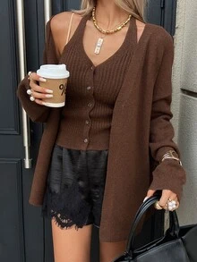 DAZY Autumn V-Neck Long Sleeve Drop Shoulder Loose Cardigan & Fitted Tank Top Brown Lazy Casual Style Women's Sweater 2 Pieces Set - Brown - View 5