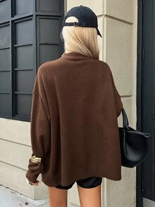 DAZY Autumn V-Neck Long Sleeve Drop Shoulder Loose Cardigan & Fitted Tank Top Brown Lazy Casual Style Women's Sweater 2 Pieces Set - Brown - View 2