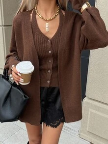 DAZY Autumn V-Neck Long Sleeve Drop Shoulder Loose Cardigan & Fitted Tank Top Brown Lazy Casual Style Women's Sweater 2 Pieces Set - Brown - View 1