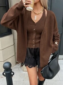 DAZY Autumn V-Neck Long Sleeve Drop Shoulder Loose Cardigan & Fitted Tank Top Brown Lazy Casual Style Women's Sweater 2 Pieces Set - Brown - View 3