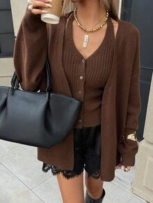 DAZY Autumn V-Neck Long Sleeve Drop Shoulder Loose Cardigan & Fitted Tank Top Brown Lazy Casual Style Women's Sweater 2 Pieces Set - Brown - View 4