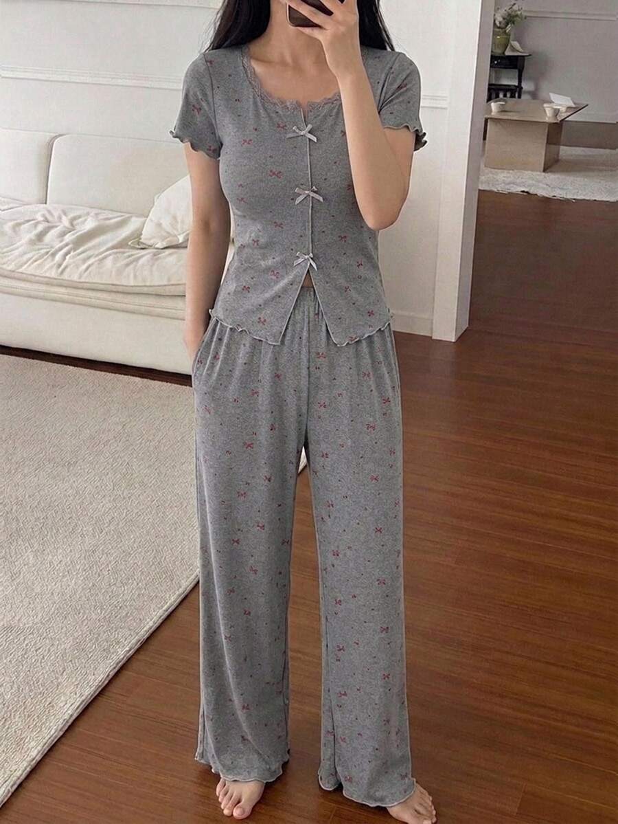 DAZY 2件組蕾絲拼接短袖開襟上衣與直筒長款睡褲夏季女款睡衣套裝 - 灰色 - 查看 1
