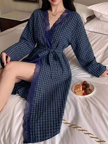 DAZY 夏秋款女式寬鬆蕾絲拼接格紋長款睡裙 - 藏蓝色 - 查看 3