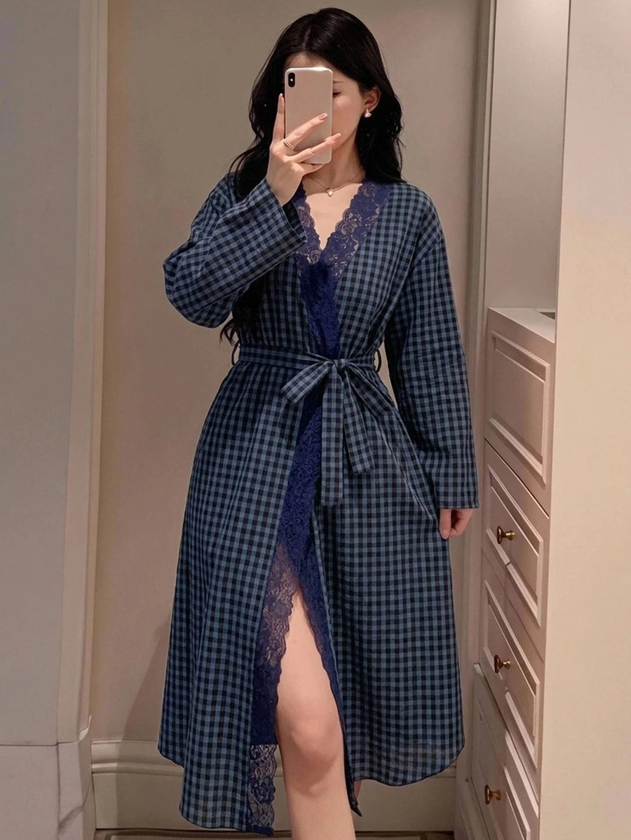 DAZY 夏秋款女式寬鬆蕾絲拼接格紋長款睡裙 - 藏蓝色 - 查看 1