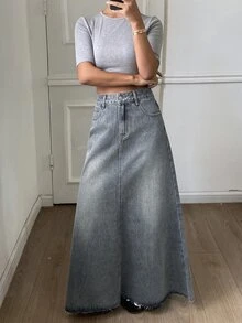 DAZY Women's High Waist A-Line Grey Frayed Hem Casual Denim Skirt, Autumn - Blue - View 3