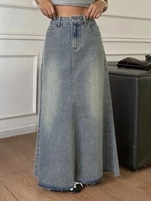 DAZY Women's High Waist A-Line Grey Frayed Hem Casual Denim Skirt, Autumn - Blue - View 1