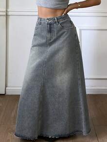 DAZY Women's High Waist A-Line Grey Frayed Hem Casual Denim Skirt, Autumn - Blue - View 6